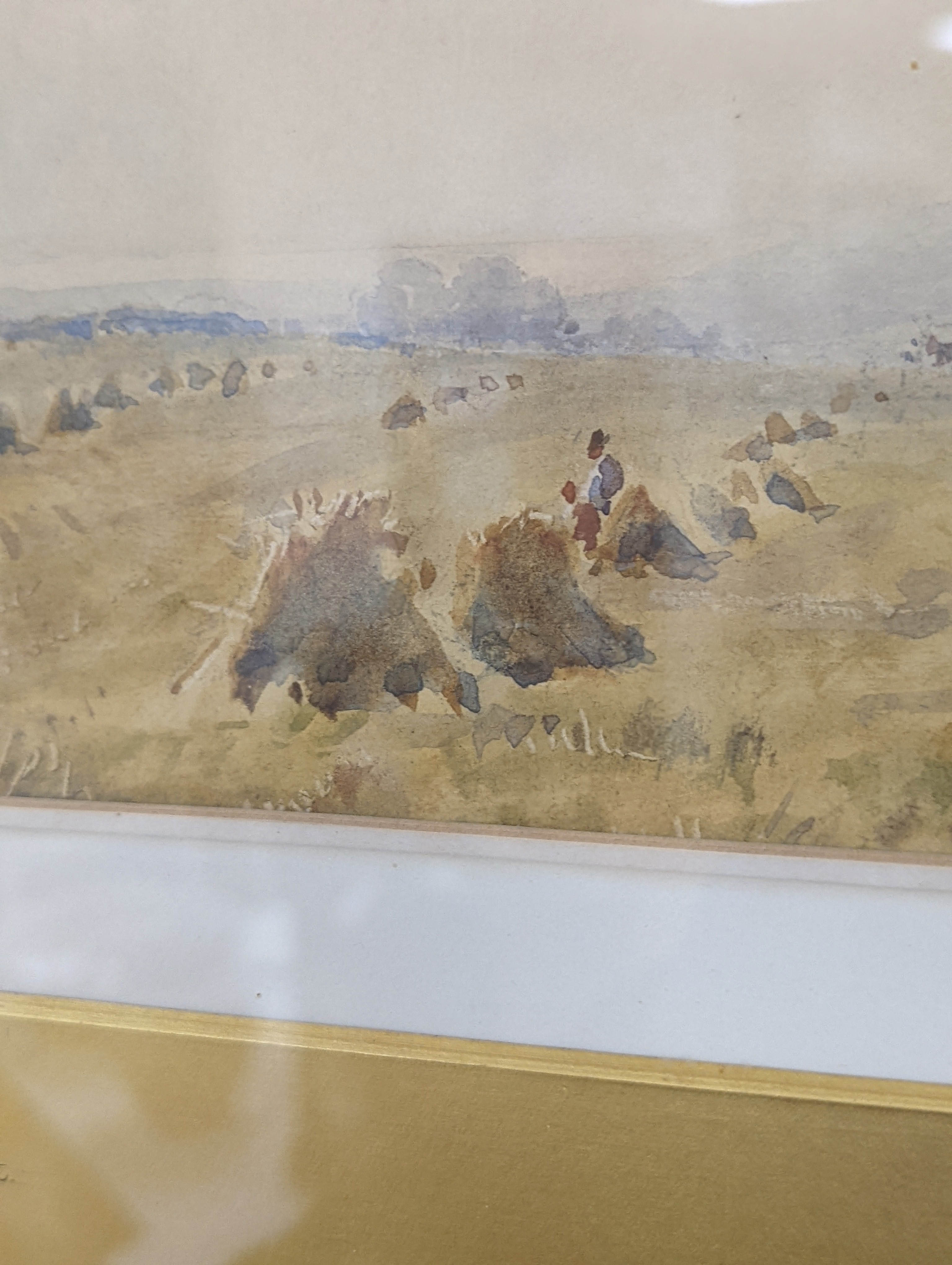 Arthur Gerald Ackermann (1876-1960), watercolour, 'Harvesting near Shoreham, Kent', signed, 23 x 50cm